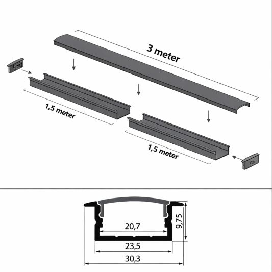 3 meter ledstrip profiel Basic Line zwart inbouw - breed en laag - compleet met afdekkap