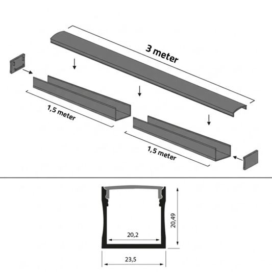 3 meter ledstrip profiel Basic Line zwart opbouw - breed en hoog - compleet met afdekkap