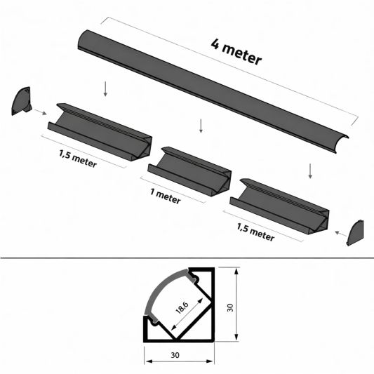 4 meter ledstrip hoekprofiel Basic Line zwart breed - Compleet met afdekkap