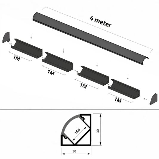 4 meter ledstrip hoekprofiel Basic Line zwart breed - Compleet met afdekkap