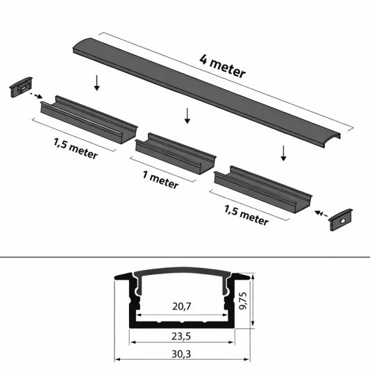 4 meter ledstrip profiel Basic Line zwart inbouw - breed en laag - compleet met afdekkap