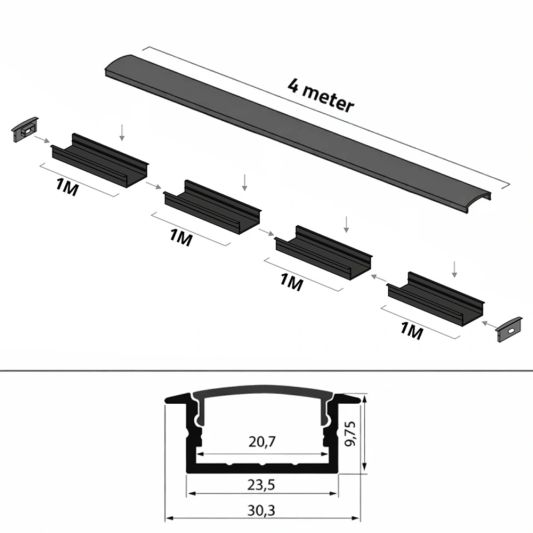 4 meter ledstrip profiel Basic Line zwart inbouw - breed en laag - compleet met afdekkap