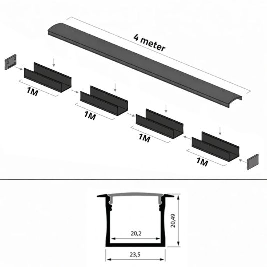 4 meter ledstrip profiel Basic Line zwart opbouw - breed en hoog - compleet met afdekkap