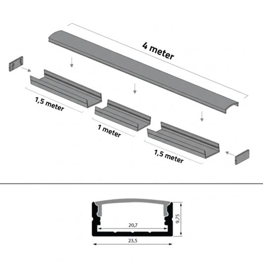 4 meter ledstrip profiel Basic Line zwart opbouw - breed en laag - compleet met afdekkap