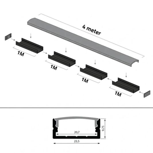 4 meter ledstrip profiel Basic Line zwart opbouw - breed en laag - compleet met afdekkap