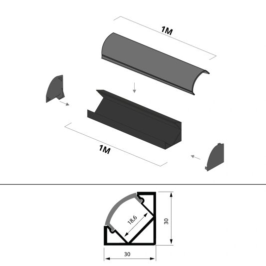 1 meter ledstrip hoekprofiel Basic Line zwart breed - Compleet met afdekkap