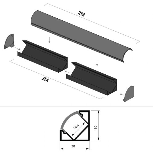 2M ledstrip hoekprofiel Basic Line zwart breed - Compleet met afdekkap