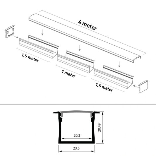 Aluminium ledstrip profiel wit inbouw 4M - breed en laag - compleet met afdekkap