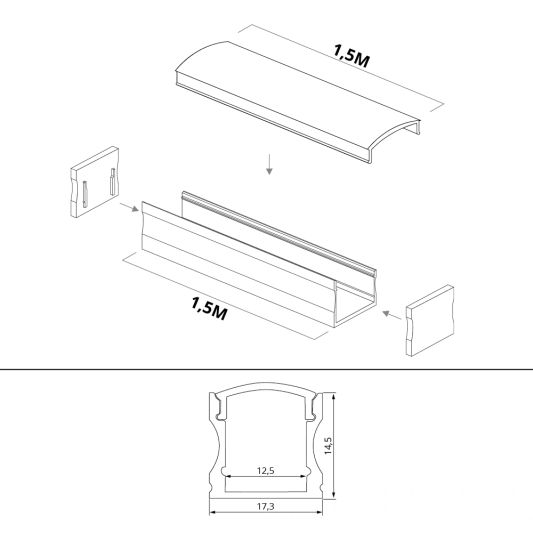 Aluminium ledstrip profiel wit opbouw 1,5M - 15 mm hoog - compleet met afdekkap