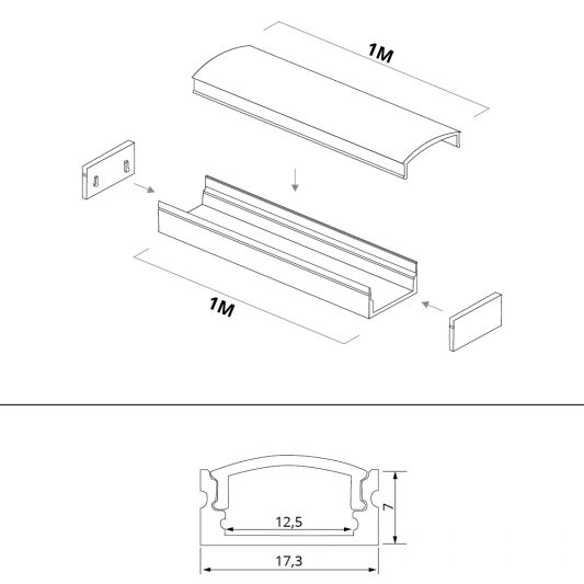 Aluminium ledstrip profiel wit opbouw 1M - 7 mm hoog - compleet met afdekkap