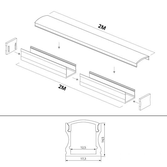 Aluminium ledstrip profiel wit opbouw 2M - 15 mm hoog - compleet met afdekkap