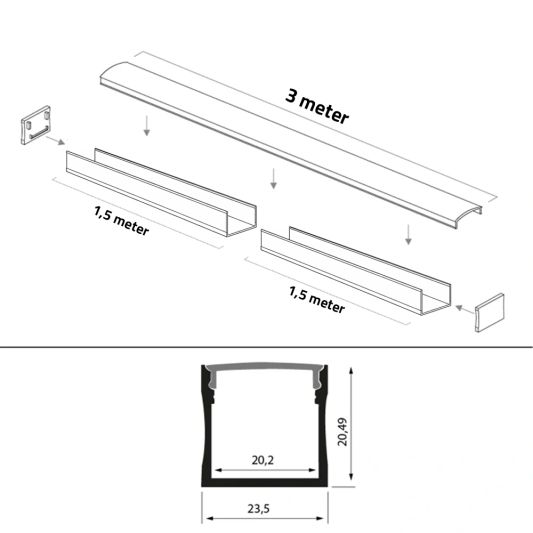 Aluminium ledstrip profiel wit opbouw 3M - breed en hoog - compleet met afdekkap