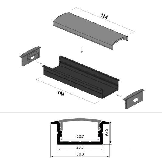 1 meter ledstrip profiel Basic Line zwart inbouw - breed en laag - compleet met afdekkap