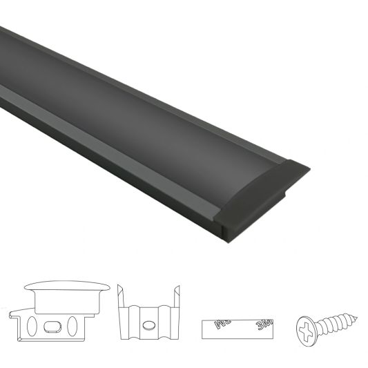2 meter ledstrip profiel Basic Line zwart inbouw - breed en laag - compleet met afdekkap