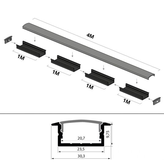 4 meter ledstrip profiel Basic Line zwart inbouw - breed en laag - compleet met afdekkap