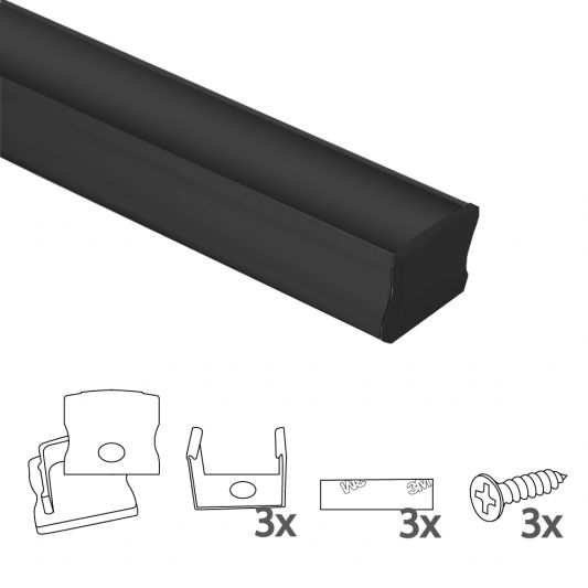 1 meter ledstrip profiel Basic Line zwart opbouw - breed en hoog - compleet met afdekkap