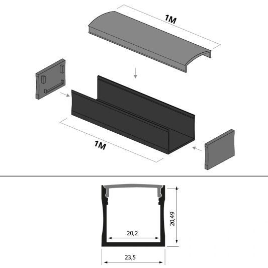 1 meter ledstrip profiel Basic Line zwart opbouw - breed en hoog - compleet met afdekkap