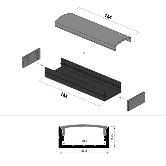 1 meter ledstrip profiel Basic Line zwart opbouw - breed en laag - compleet met afdekkap
