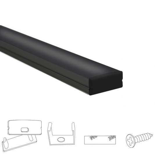 2 meter ledstrip profiel Basic Line zwart opbouw - breed en laag - compleet met afdekkap