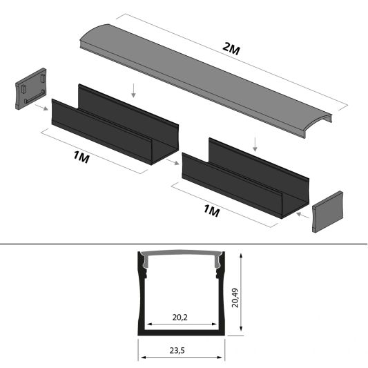 2 meter ledstrip profiel Basic Line zwart opbouw - breed en hoog - compleet met afdekkap