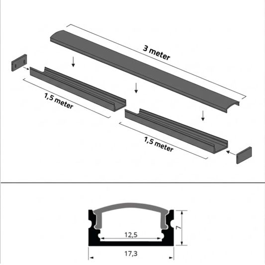 Aluminium ledstrip profiel zwart opbouw 3M - 7 mm hoog - compleet met afdekkap