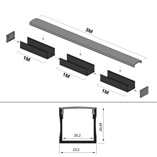 3 meter ledstrip profiel Basic Line zwart opbouw - breed en hoog - compleet met afdekkap