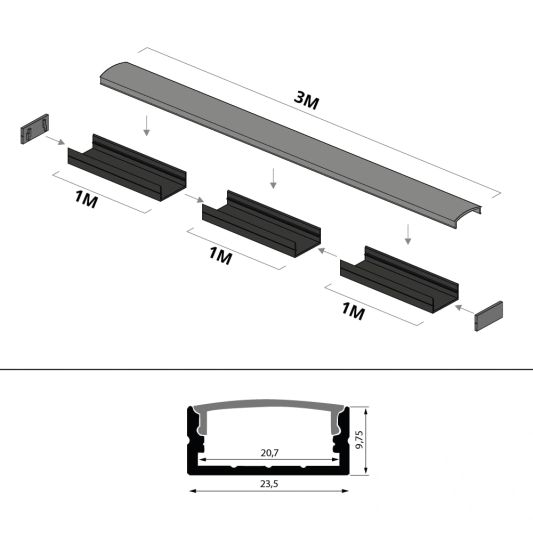 Aluminium ledstrip profiel zwart opbouw 3M - breed en laag - compleet met afdekkap