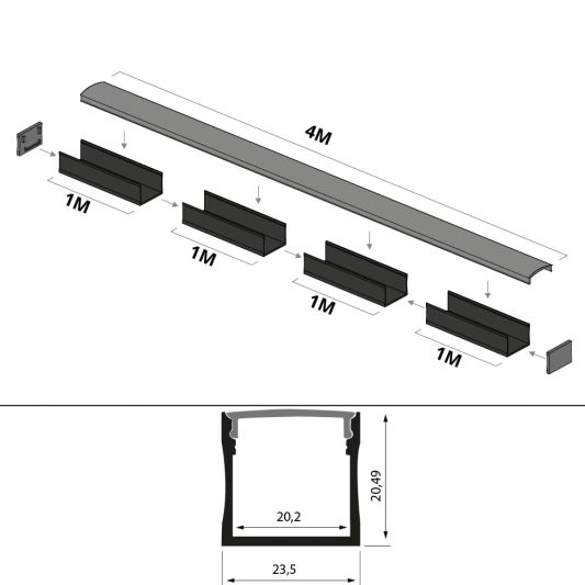 4 meter ledstrip profiel Basic Line zwart opbouw - breed en hoog - compleet met afdekkap