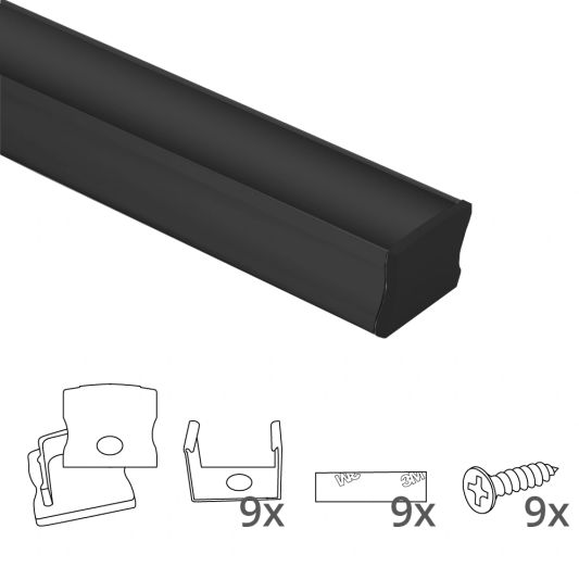 4 meter ledstrip profiel Basic Line zwart opbouw - breed en hoog - compleet met afdekkap
