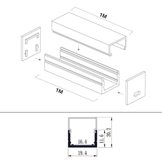 Led profiel 1 meter opbouw breed 19 mm rechte afdekkap
