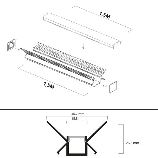 Led tegel profiel / led stuc profiel binnenhoek smal 1,5 meter