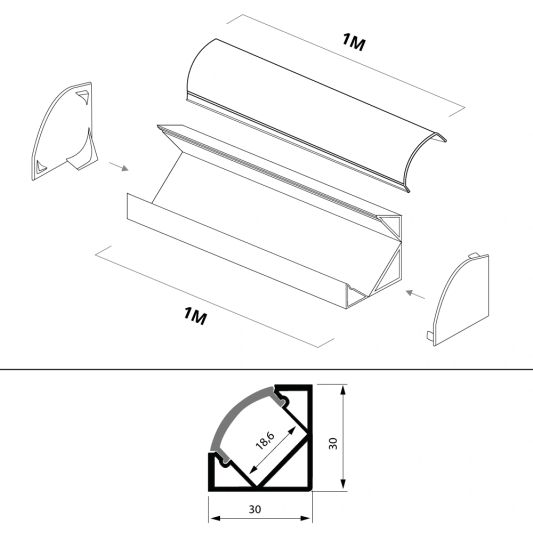 Ledstrip hoekprofiel 1 meter Basic line - compleet inclusief afdekkap 1 meter