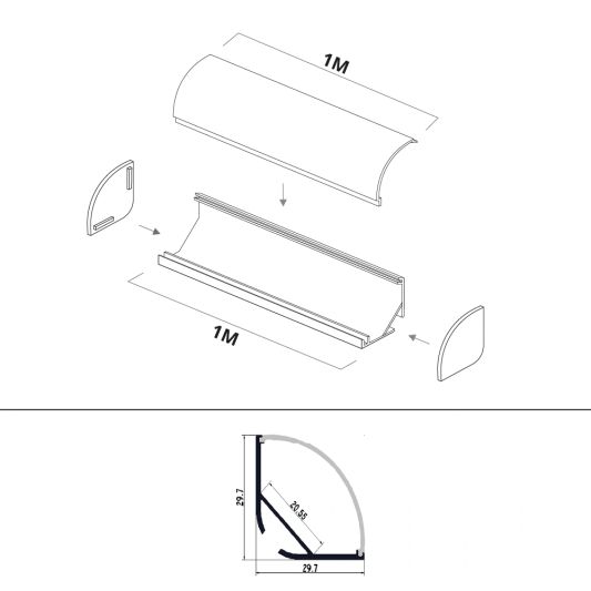 Ledstrip hoekprofiel 1 meter ronde afdekkap breed 30 mm