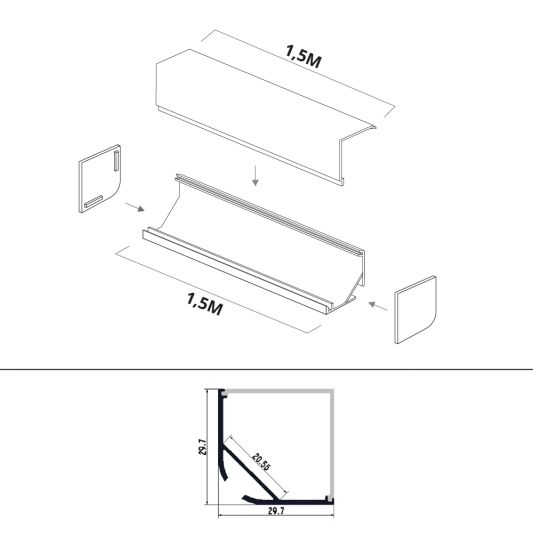 Ledstrip hoekprofiel 1,5 meter rechte afdekkap breed 30 mm