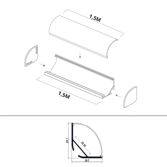 Ledstrip hoekprofiel 1,5 meter ronde afdekkap breed 30 mm