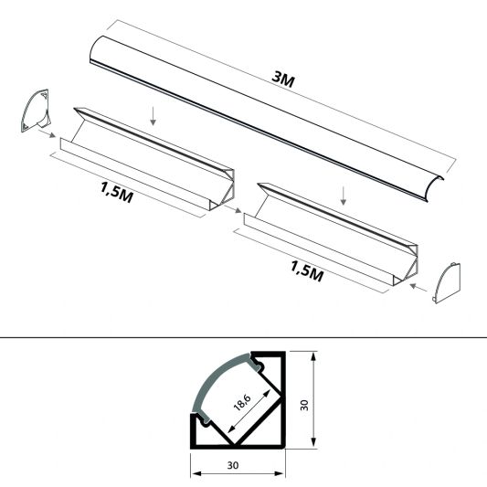 Ledstrip hoekprofiel 3 meter Basic line - compleet inclusief afdekkap