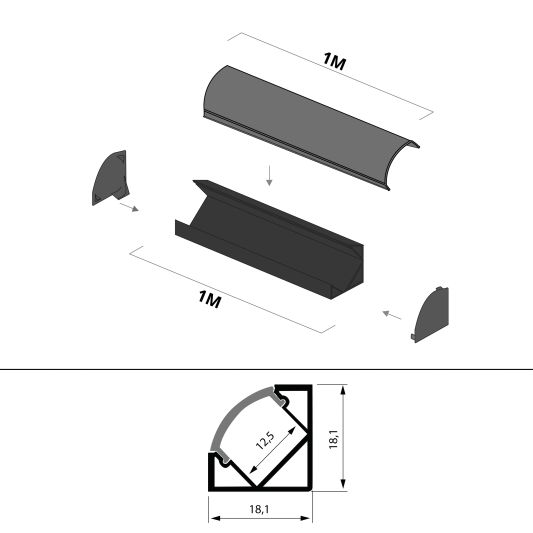 Ledstrip hoekprofiel zwart - Slim line - compleet inclusief afdekkap 1 meter