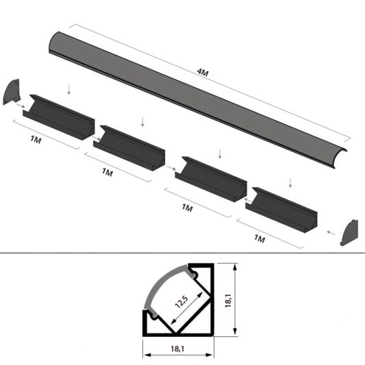 Ledstrip hoekprofiel zwart - Slim line - compleet inclusief afdekkap 4 meter