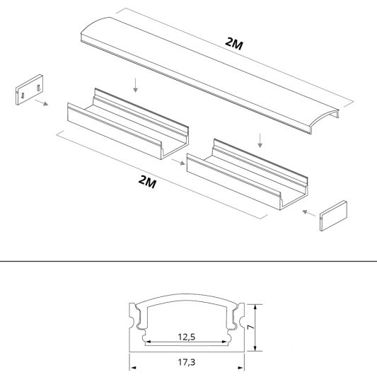 ledstrip profiel wit opbouw 2M - 7 mm hoog - compleet met afdekkap